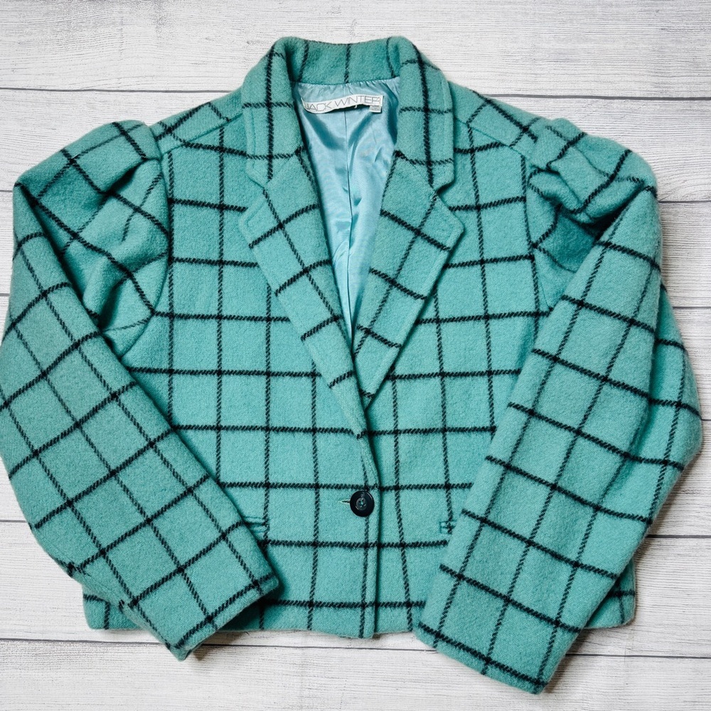 Jack Winter Vintage Cropped Wool Jacket‎ Mint Green Black Plaid Size 14 USA